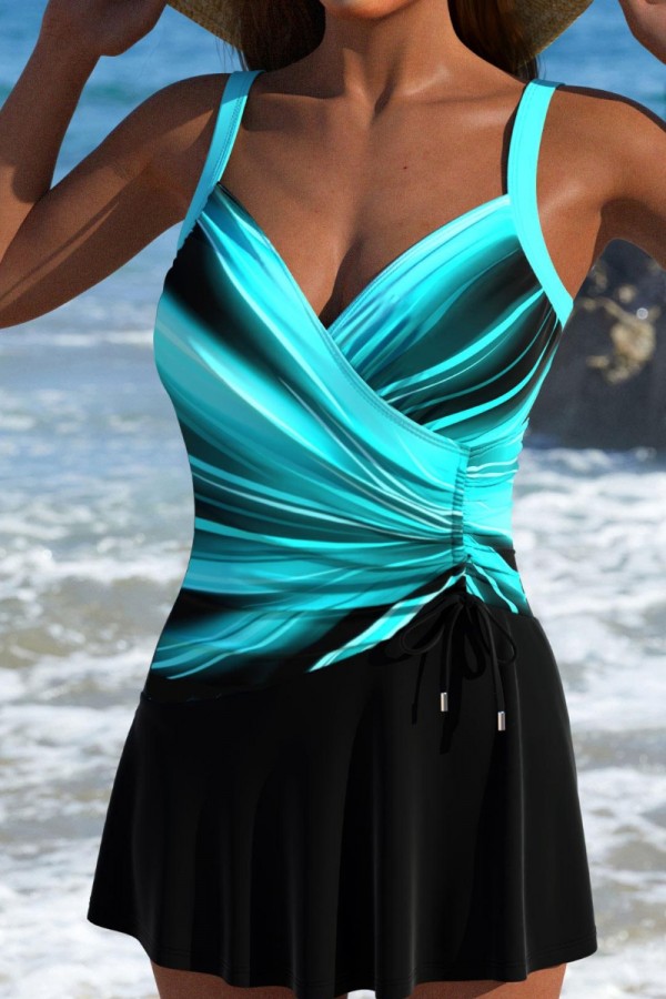 Blue and black pleated design swimsuit