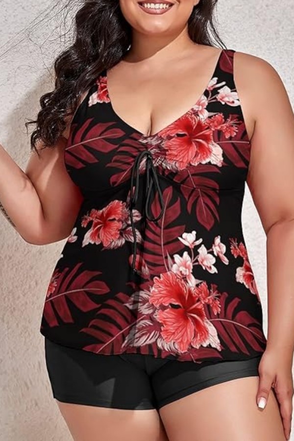 Red tropical flower leaf two-piece swim dress and boxer shorts