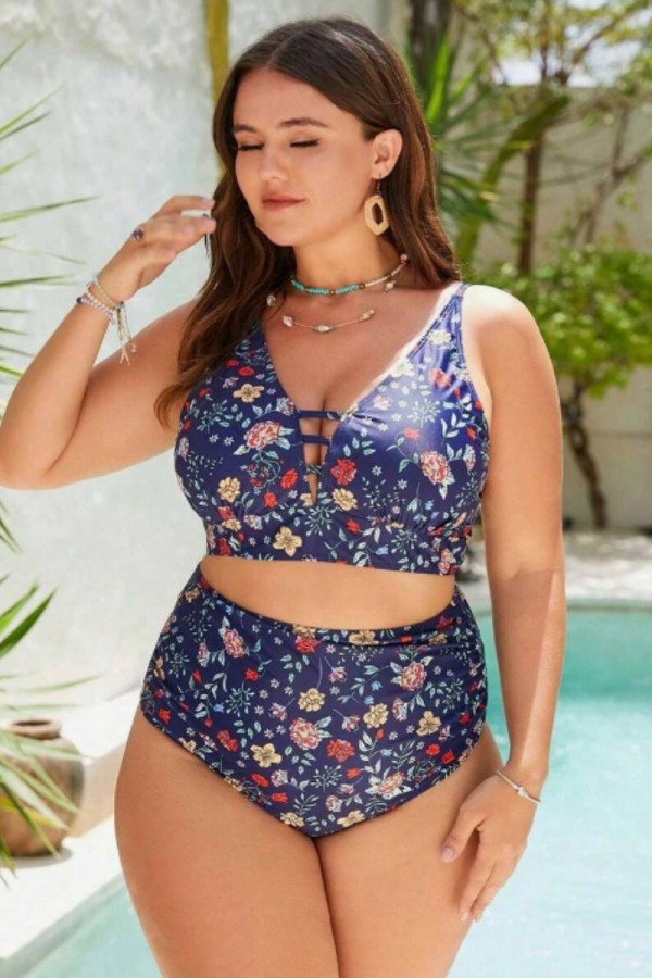 Purple floral printed ruffled bikini set