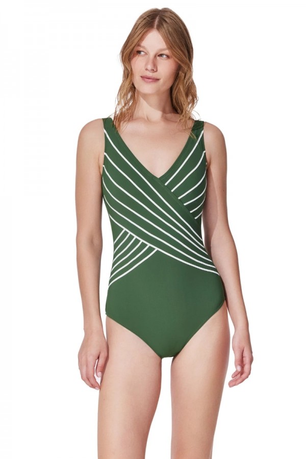 Green V-neck striped cross-design one-piece swimsuit