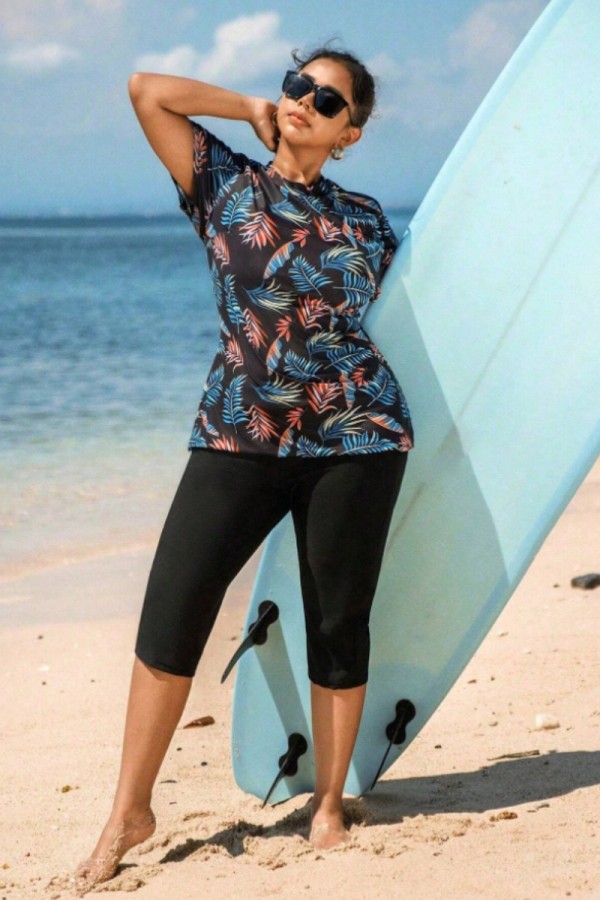 Short Sleeve Printed Solid Tankini Swimwear Set