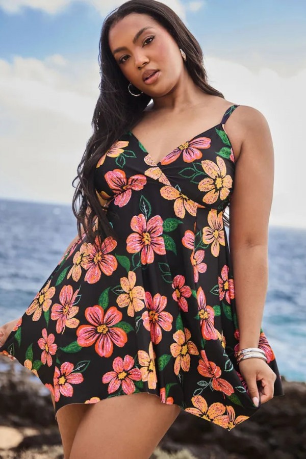 Black floral print swim skirt set