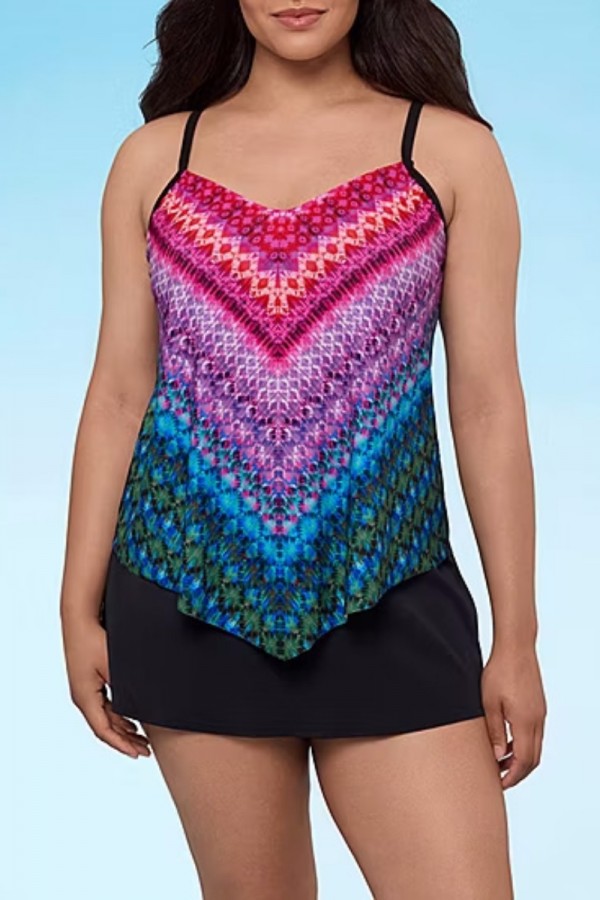 Rainbow color small V-neck design swim skirt