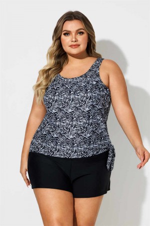 Plus Size Black And White Plants Print Side Tie Tankini Set