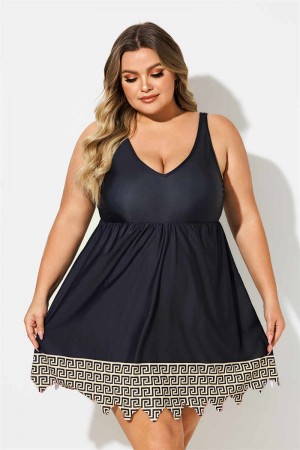 Black Gold Geometric Print Scoop Neck Thick Strap Plus Size Swimdress