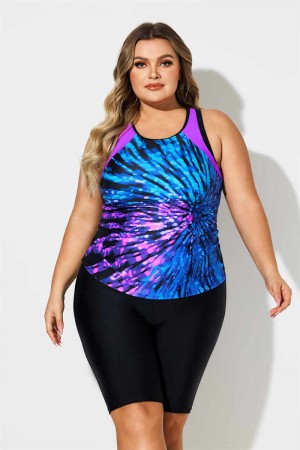 Coloful Firework Print Scoop Neck Thick Strap Plus Size Tankini Set