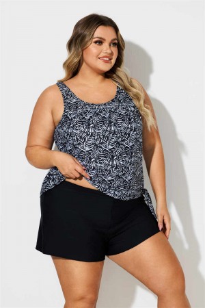 Plus Size Black And White Plants Print Side Tie Tankini Set
