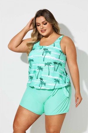 Plus Size Green Tree Print Scoop Neck Tankini Set