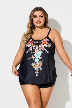 Plus Size Bowknot Floral Print Tankini Set