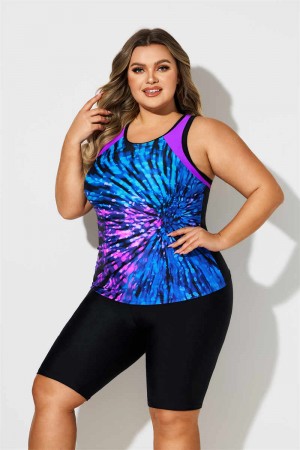 Coloful Firework Print Scoop Neck Thick Strap Plus Size Tankini Set