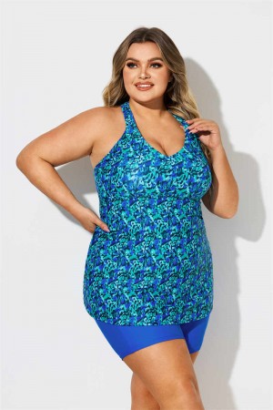 Blue & Green Scoop Neck Thick Strap Plus Size Tankini Set