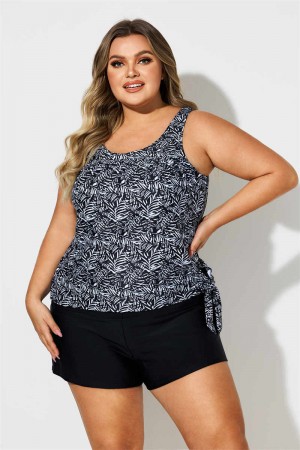 Plus Size Black And White Plants Print Side Tie Tankini Set