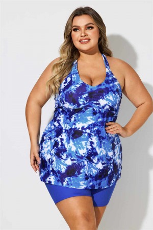 Tie Dye Printed Scoop Neck Longer Length Braided Plus Size Tankini Set