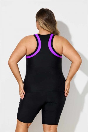 Coloful Firework Print Scoop Neck Thick Strap Plus Size Tankini Set