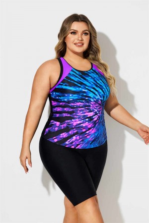 Coloful Firework Print Scoop Neck Thick Strap Plus Size Tankini Set