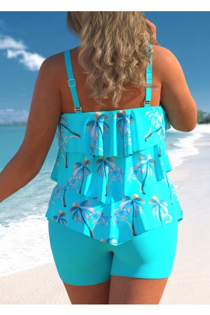 Coconut Tree Print Cyan Layered Hem Tankini Set
