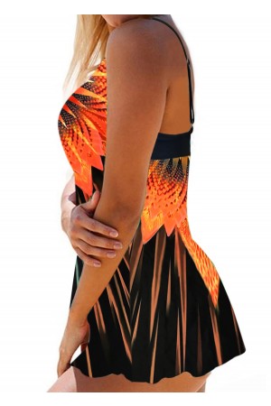 Wide Strap Printed Orange Swimdress and Panty