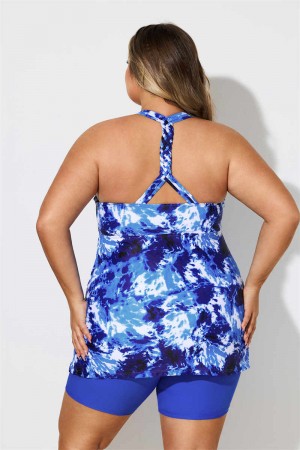 Tie Dye Printed Scoop Neck Longer Length Braided Plus Size Tankini Set