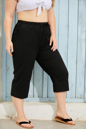 Black Elastic Waistband Pockets Drawstring Long Trousers