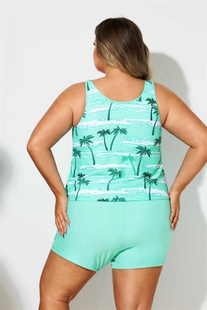 Plus Size Green Tree Print Scoop Neck Tankini Set