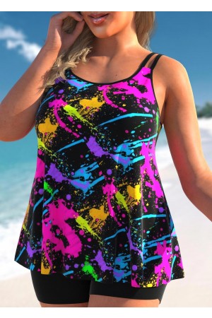 Plus Size Graffiti Print Black Tankini Set