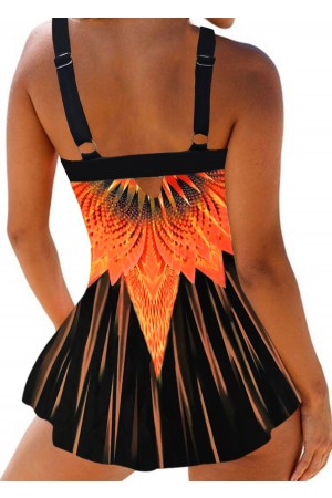 Wide Strap Printed Orange Swimdress and Panty