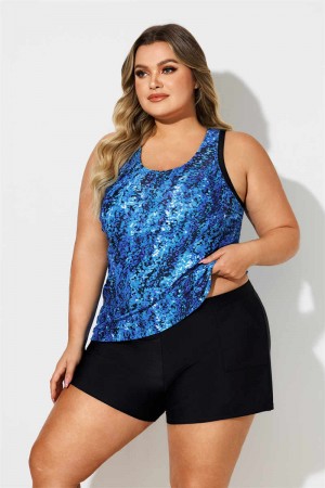 Blue Watercolor Scoop Neck Thick Strap Plus Size Tankini Set