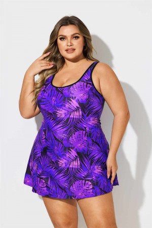 Purple Plants Leaf Print Scoopneck Plus Size Swimdress