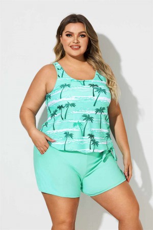 Plus Size Green Tree Print Scoop Neck Tankini Set