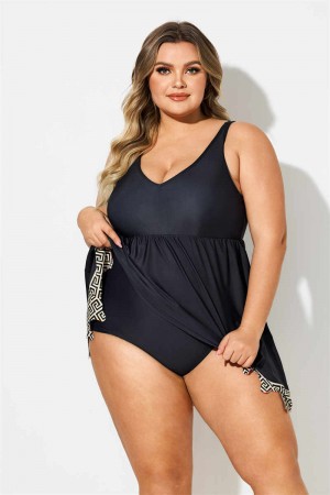 Black Gold Geometric Print Scoop Neck Thick Strap Plus Size Swimdress