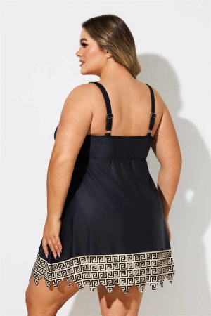 Black Gold Geometric Print Scoop Neck Thick Strap Plus Size Swimdress