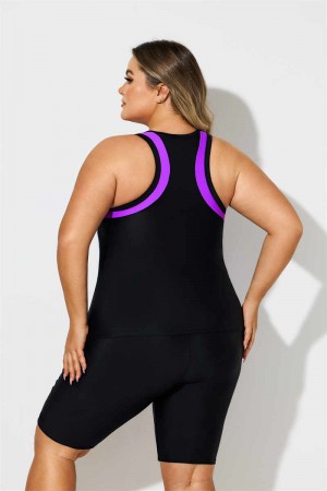 Coloful Firework Print Scoop Neck Thick Strap Plus Size Tankini Set