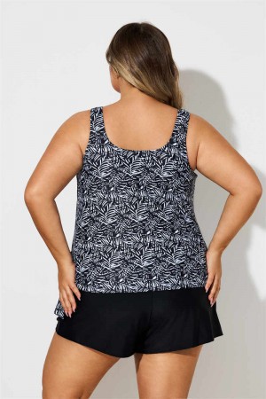 Plus Size Black And White Plants Print Side Tie Tankini Set