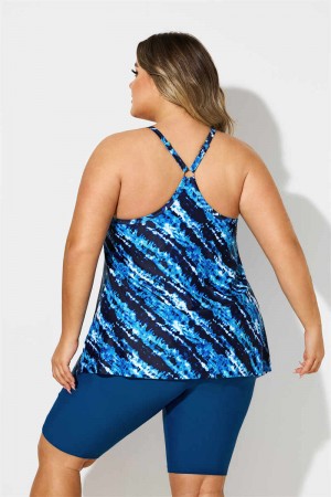 Blue Watercolor Stripe Print VNeck Thick Strap Plus Size Tankini Set
