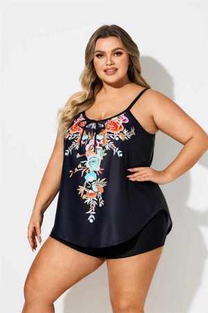 Plus Size Bowknot Floral Print Tankini Set