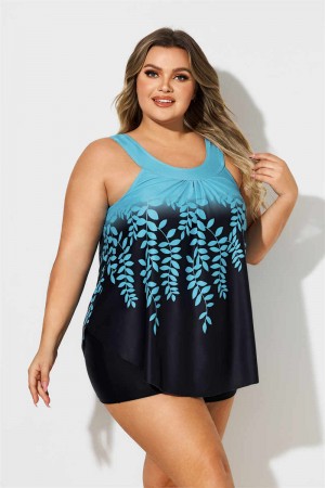 Blue Leaf Print Ombre Color Block Plus Size Tankini Set