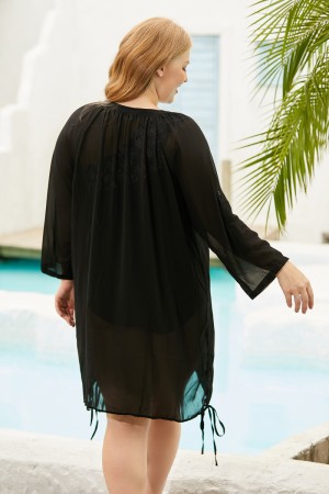 Solid Black V Neck Long Sleeve Side Drawstrings Cover Up