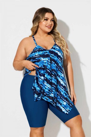 Blue Watercolor Stripe Print VNeck Thick Strap Plus Size Tankini Set
