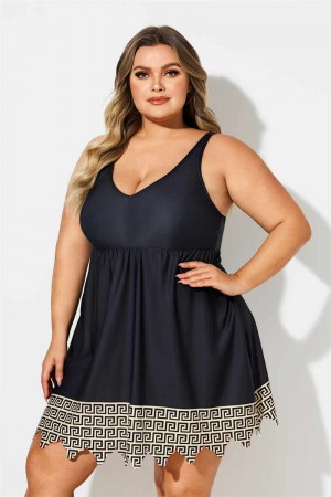 Black Gold Geometric Print Scoop Neck Thick Strap Plus Size Swimdress