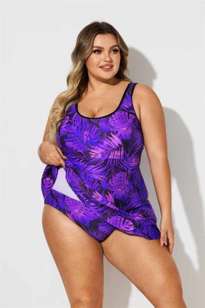 Purple Plants Leaf Print Scoopneck Plus Size Swimdress