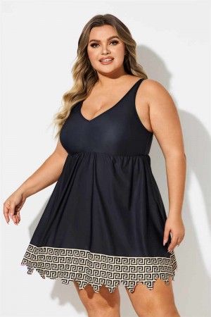Black Gold Geometric Print Scoop Neck Thick Strap Plus Size Swimdress