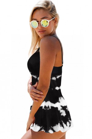 Black Tie Dye Print Wide Strap Swimdress and Panty