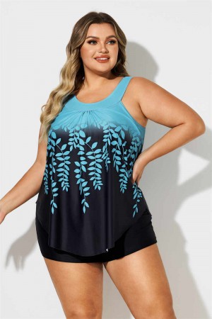 Blue Leaf Print Ombre Color Block Plus Size Tankini Set