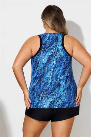 Blue Watercolor Scoop Neck Thick Strap Plus Size Tankini Set