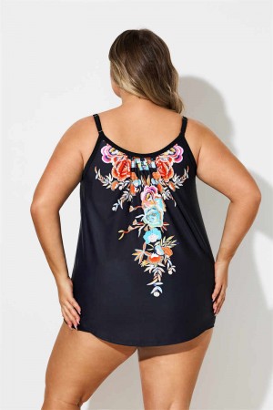 Plus Size Bowknot Floral Print Tankini Set