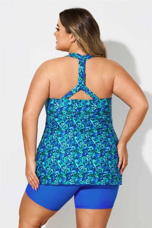 Blue & Green Scoop Neck Thick Strap Plus Size Tankini Set