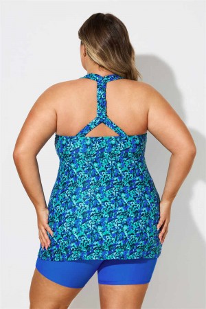 Blue & Green Scoop Neck Thick Strap Plus Size Tankini Set