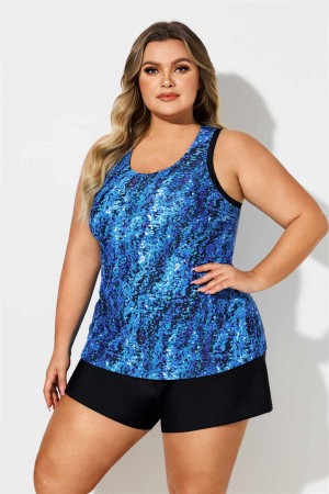 Blue Watercolor Scoop Neck Thick Strap Plus Size Tankini Set