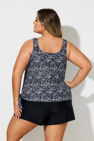 Plus Size Black And White Plants Print Side Tie Tankini Set