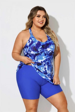 Tie Dye Printed Scoop Neck Longer Length Braided Plus Size Tankini Set